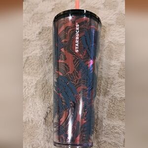 Starbucks Fall 2022 Ocean Fern Rose Gold & Teal Blue Fern 24oz Venti Cold Tumble